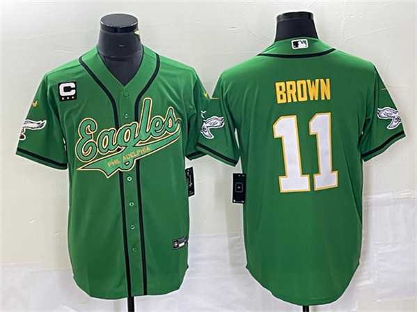 Mens Philadelphia Eagles #11 A. J. Brown Green Gold With C Patch Cool Base Baseball Stitched Jersey